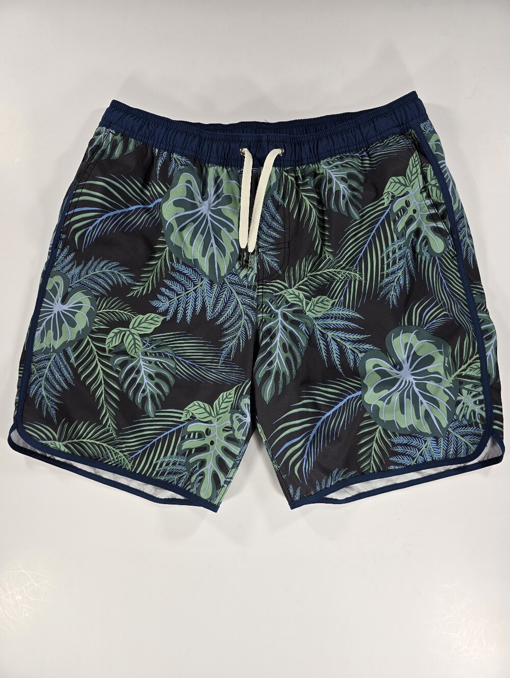 Fair Harbor Anchor Swim Trunks Mens L Navy Evergreen Monstera Leaf Print Stretch